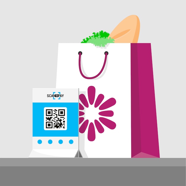 Compra paga por código qr. ilustração da embalagem com produtos na loja. infografia isométrica plana. digitalize o código qr e pagamento online, transferência de dinheiro.