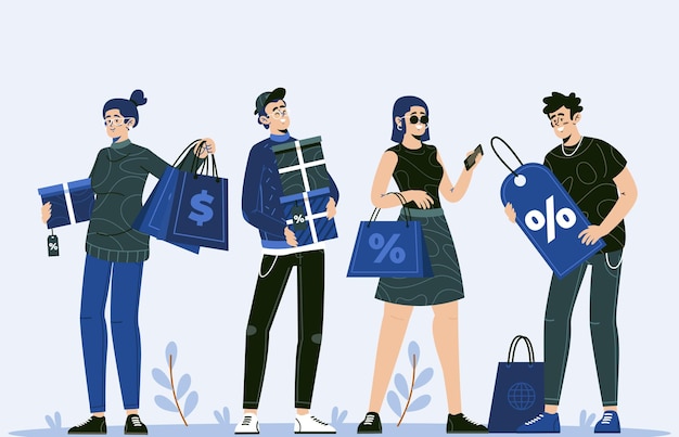 Compradores com etiquetas de desconto e sacos de compras