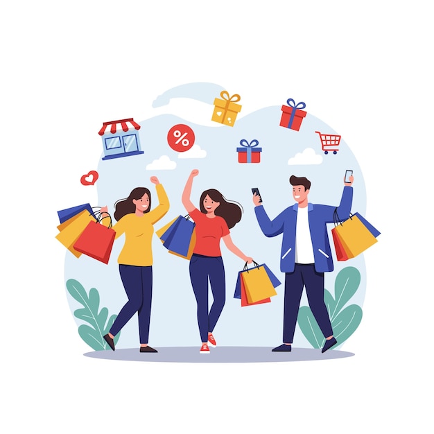 Compradores felizes comemoram as vendas com sacos coloridos