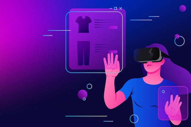 Compras em realidade virtual Mulher em óculos comprando ilustração vetorial Metaverse on-line