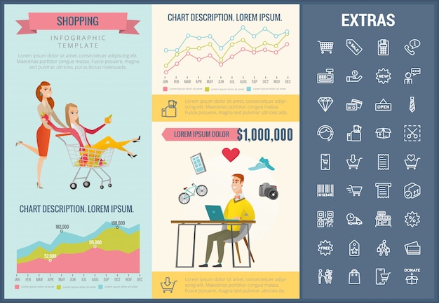 Vetor compras infográfico modelo, elementos e ícones