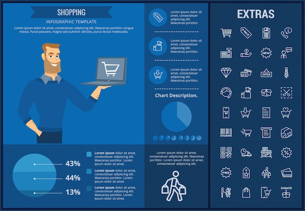 Compras infográfico modelo, elementos e ícones