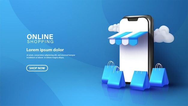 Compras on-line coloridas com ilustração de smartphone em fundo azul