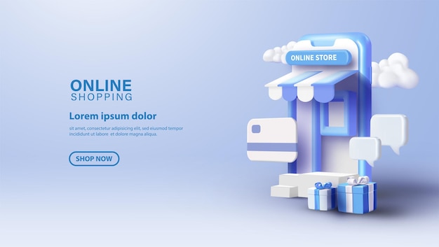 Compras on-line com ilustração de smartphone 3d em fundo azul suave