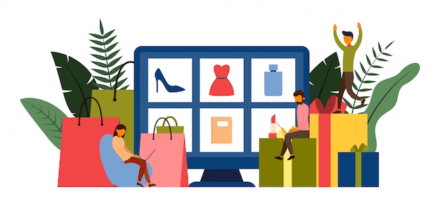 Compras on-line, conceito de e-commerce com ilustração de personagem