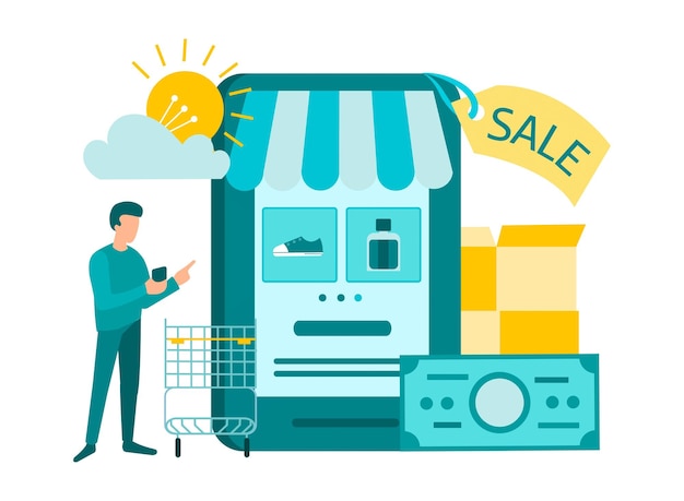 Compras on-line em um aplicativo de celular comprando mercadorias com desconto ilustração vetorial