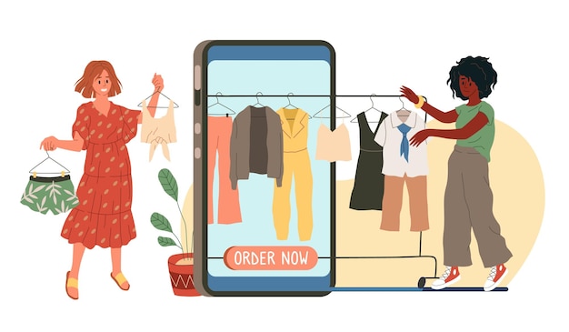 Compras on-line enorme smartphone com pedido agora texto na tela as mulheres escolhem roupas comprando produtos internet compra móvel boutique de moda venda banner vetor cartoon estilo plano isolado conceito