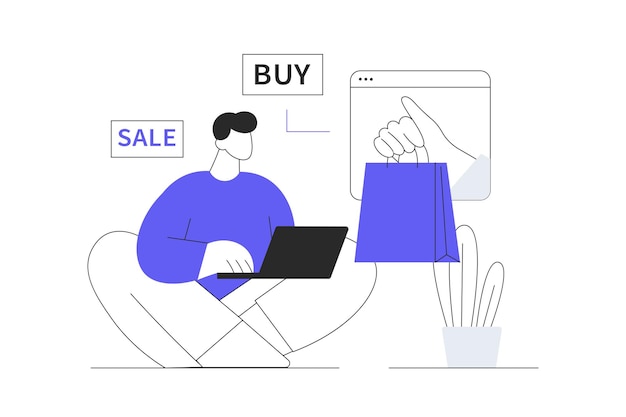 Compras on-line Homem Personagem fazendo compras encomendando entrega e pagando com cartões de crédito web
