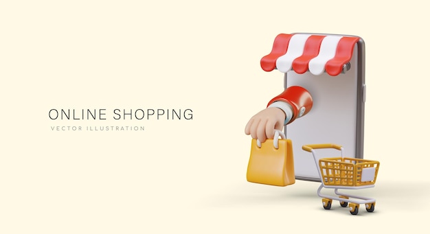 Compras on-line Mão realista com pacote de presente saindo da tela do smartphone
