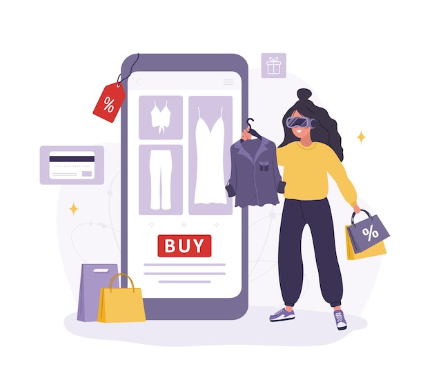 Compras on-line metaverse mulher em óculos vr escolhendo mercadorias em aplicativo da web ciberespaço ou conceito de realidade virtual entretenimento de tecnologia moderna ilustração vetorial no estilo cartoon plana