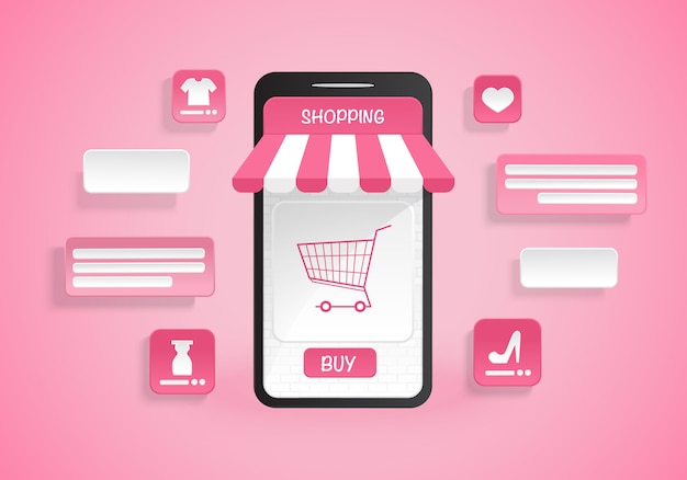 Compras on-line na ilustração do aplicativo de smartphone em fundo rosa