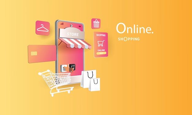 Vetor compras on-line no smartphone e nova promoção de venda de compra backgroud rosa para comércio eletrônico de mercado de banner