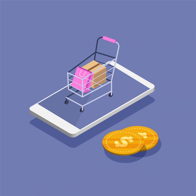 Compras online. Carrinho de compras em um telefone exibir em projeção isométrica. Ficar em casa conceito. ilustração.