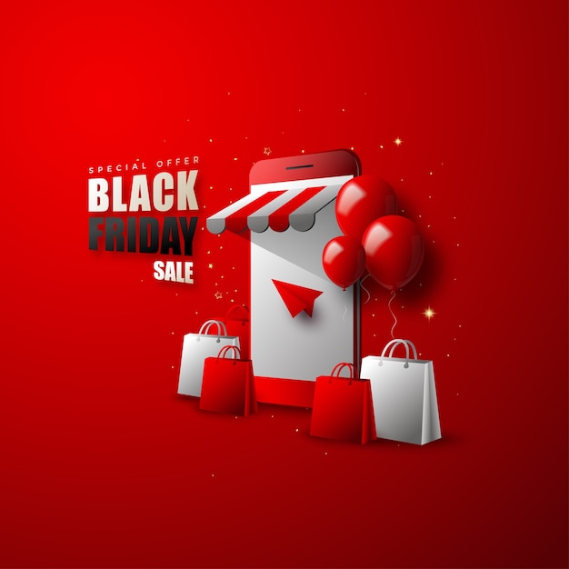 Compras online de Black Friday, smartphones e balões modernos.