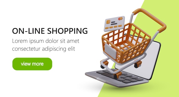 Compras online e pagamento de compras Carrinho de compras 3D Cartão de crédito para laptop