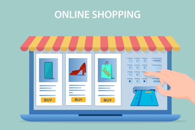Vetor compras online e pagamento eletrônico via terminalas pessoas usam gadgets para fazer compras