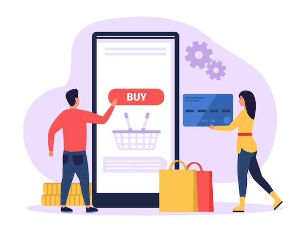 Compras online Homem e mulher comprando mercadorias na internet Personagem masculino clicando no botão comprar na tela do smartphone