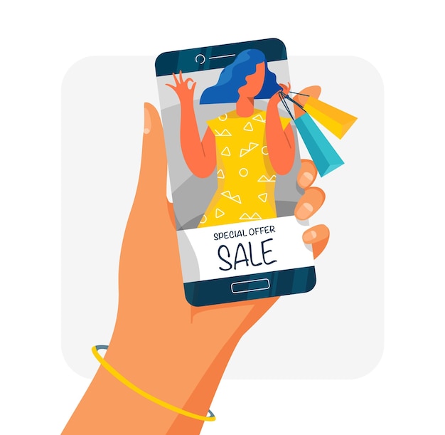 Vetor compras online. mão segurando o celular