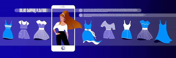 Vetor compras online. maquete para landing page loja de internet de roupas femininas ou layout de banner de publicidade.