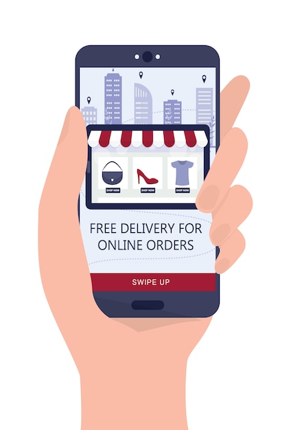 Compras online usando dispositivos. Marketing móvel e tecnologia PPC. Mão segurando um smartphone com anúncio de entrega gratuita.