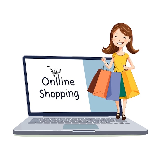 Compreador online feliz com sacos de compras e laptop