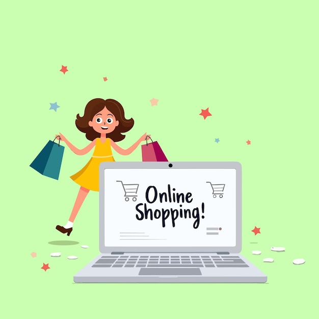Compreador online feliz com sacos de compras e laptop