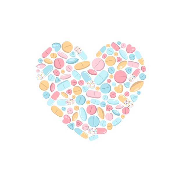 Comprimidos coloridos em forma de coração isolados no branco