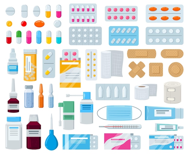 Vetores de Medicamentos De Desenhos Animados Diferentes Médicos