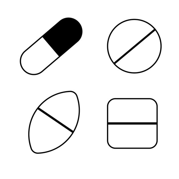 Vetor comprimidos planos isolados em estilo de linha ilustração vetorial preto e branco