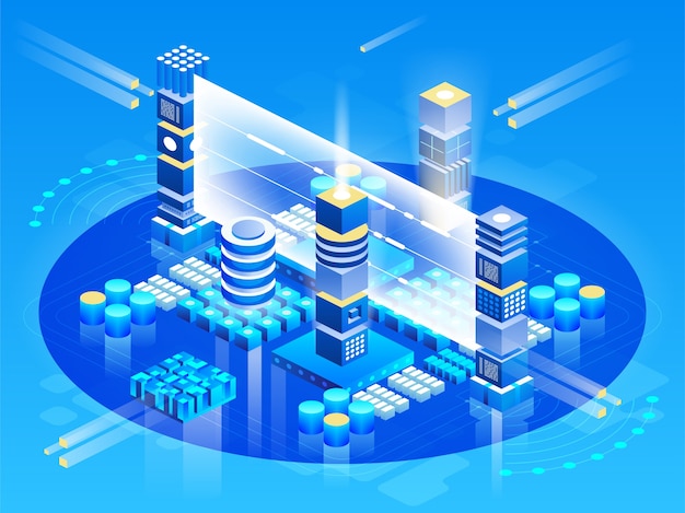 Computação de big data center, processamento de informações, banco de dados. roteamento de tráfego de internet, tecnologia isométrica de rack de sala de servidor
