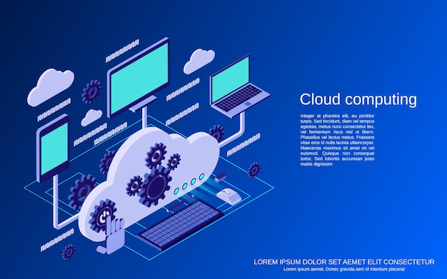 Computação em nuvem, rede, ilustração de conceito de vetor plano isométrico de processamento de dados