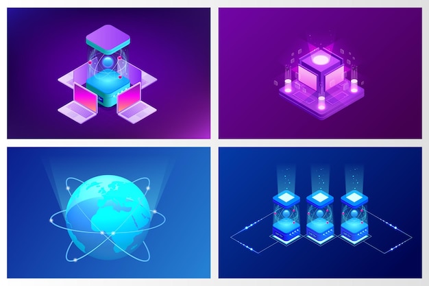 Vetor computação quântica isométrica ou supercomputação. um computador quântico é um dispositivo que executa a computação quântica. ilustração vetorial.