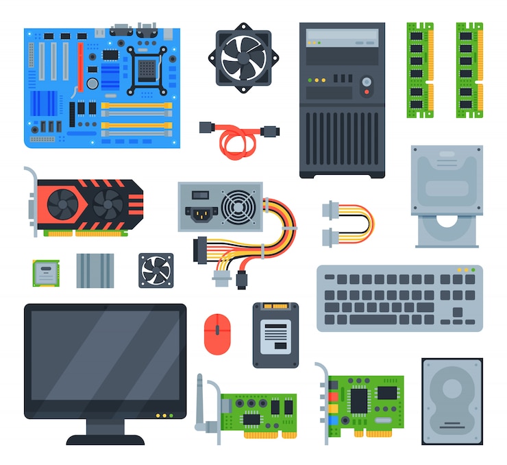 Vetor computador acessórios pc placa mãe memória e teclado ilustração conjunto de computação isolado