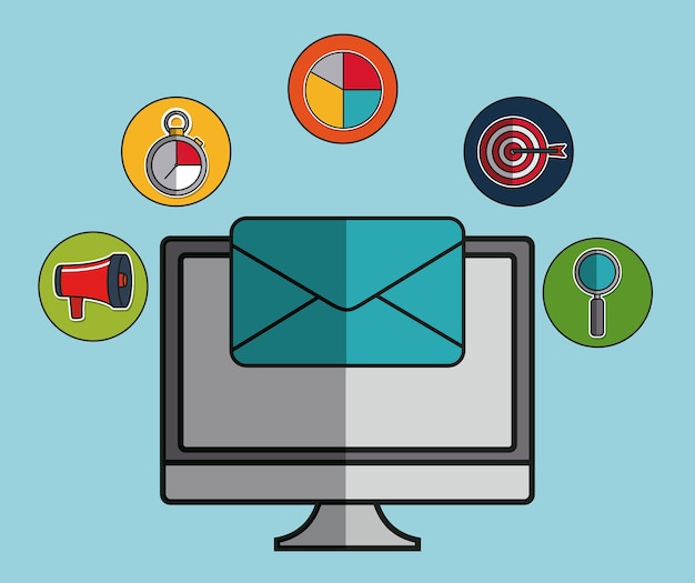 computador com ícones relacionados com marketing digital