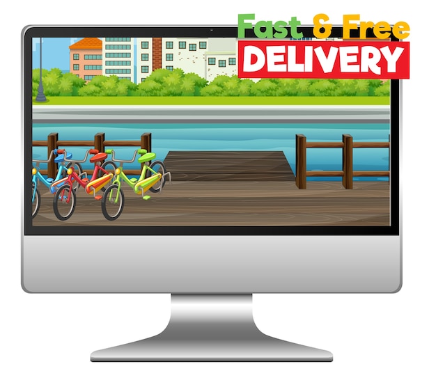 Computador com logotipo de entrega rápida e grátis