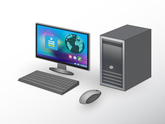 Computador de mesa em fundo branco Ilustração vetorial 3D