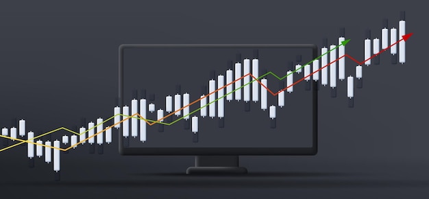 Computador de mesa preto 3d ilustração mono cromado com gráfico de barras de negociação de investimento em ações