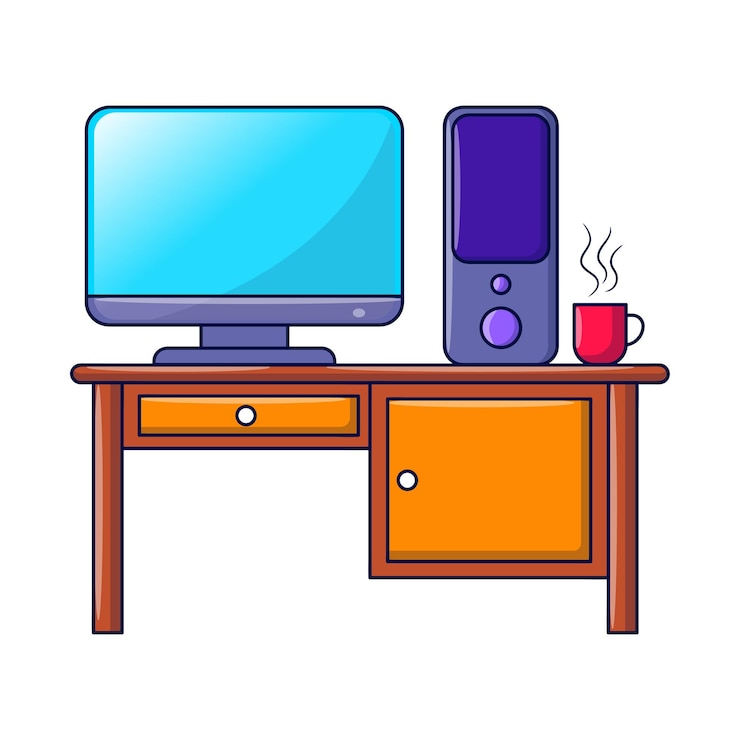 Vetor computador desktop na mesa com ilustração de doodle desenhada à mão