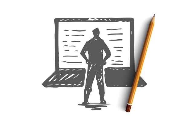 Computador, laptop, pessoa, trabalho, conceito de tecnologia. Mão desenhada pessoa e esboço do conceito de laptop moderno.