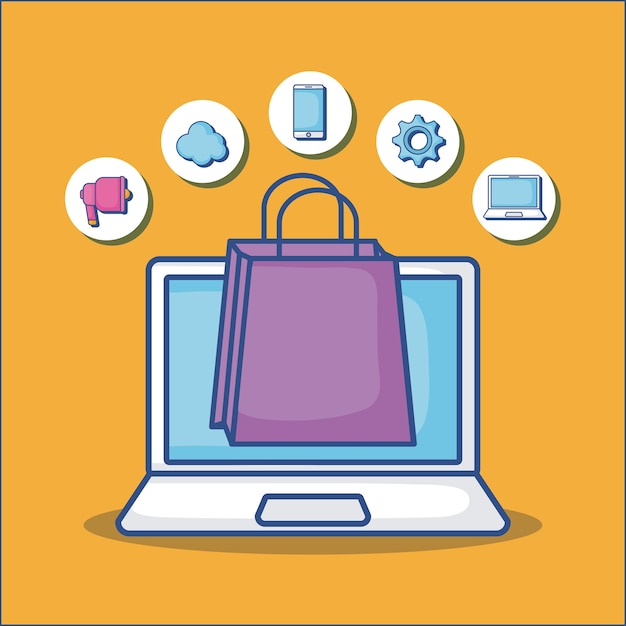 computador portátil e sacola de compras
