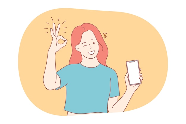 Comunicação online, polegares para cima, conceito de smartphone. jovem sorridente mostrando a tela do smartphone