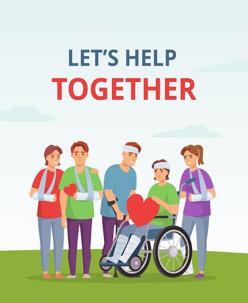 Comunidade de apoio à reabilitação Ajudar juntos cartaz com pacientes feridos pessoas com braços, barras e cadeiras de rodas Ilustração vetorial de assistência médica