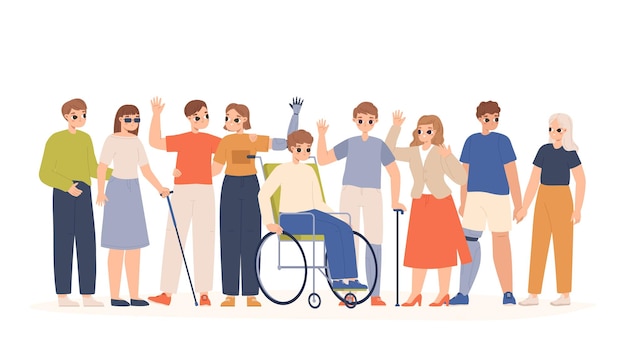 Comunidade de membros, pessoas diversas juntas. Colegas ou amigos com deficiência. Conceito de igualdade, pessoa com necessidades especiais, personagens vetoriais aconchegantes