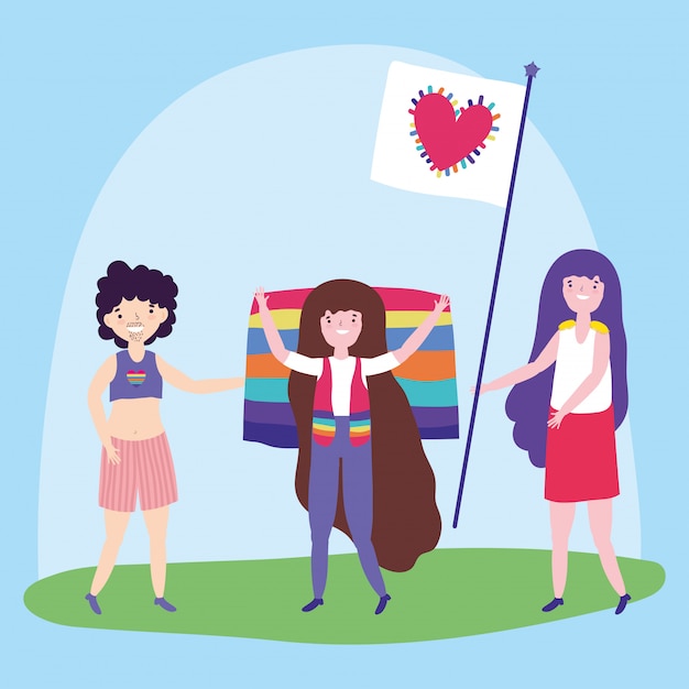 Comunidade lgbt da parada do orgulho, pessoas felizes do grupo com bandeira do arco-íris e amor do coração