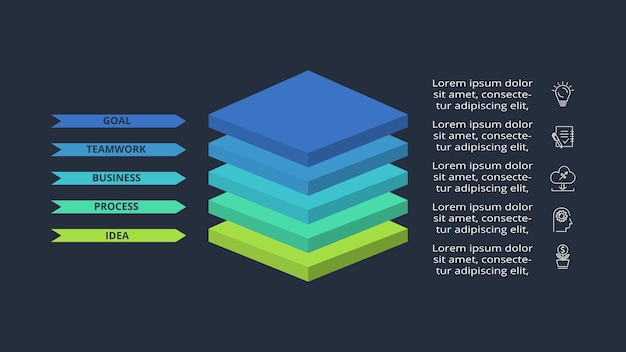 Conceito 3D para infográfico com peças de opções de 5 etapas ou processos Modelo para web em um fundo preto