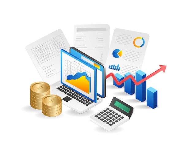 Vetor conceito 3d plano isométrico de análise de negócios, relatório financeiro, estatísticas de contabilidade, análise de dados de pesquisa
