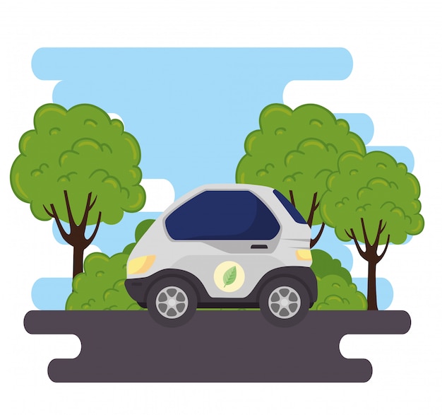 Conceito ambientalmente amigável, carro elétrico na estrada, com plantas de árvores vector a ilustração design