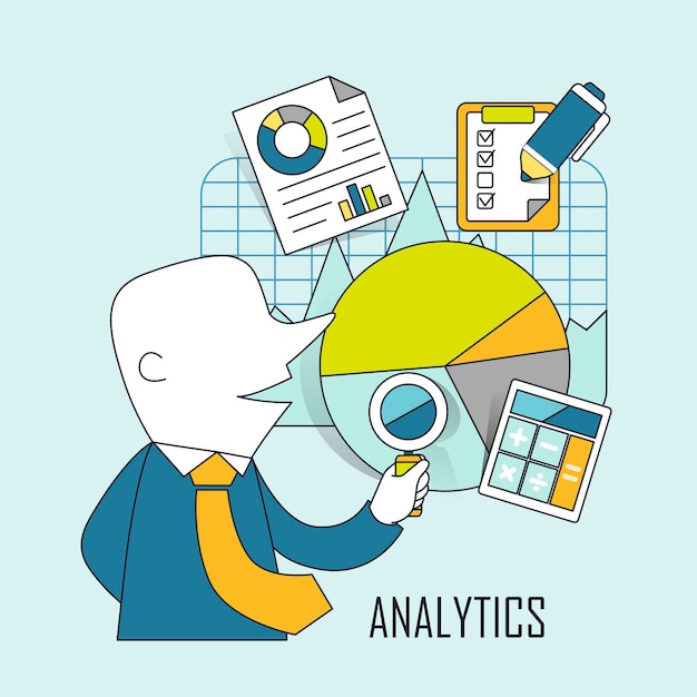 Conceito analítico: empresário verificando dados e gráficos em estilo de linha