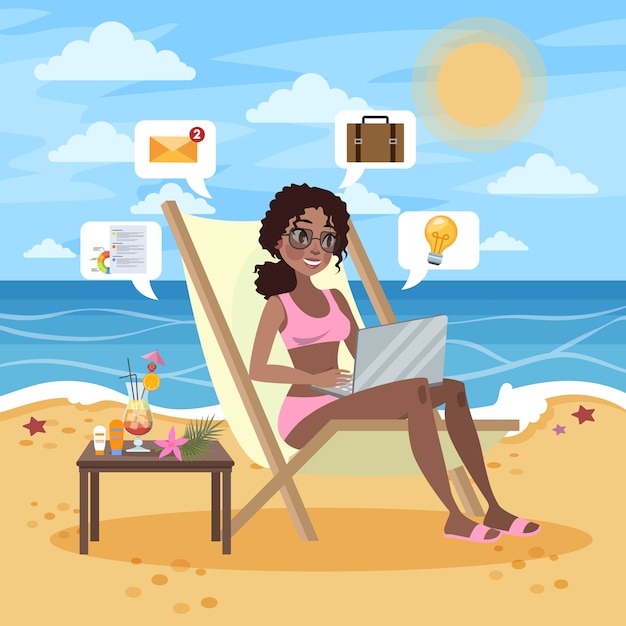 Conceito autônomo. Mulher trabalhando remotamente no laptop, por meio da internet. Trabalhar durante a viagem. Férias de verão na praia. ilustração