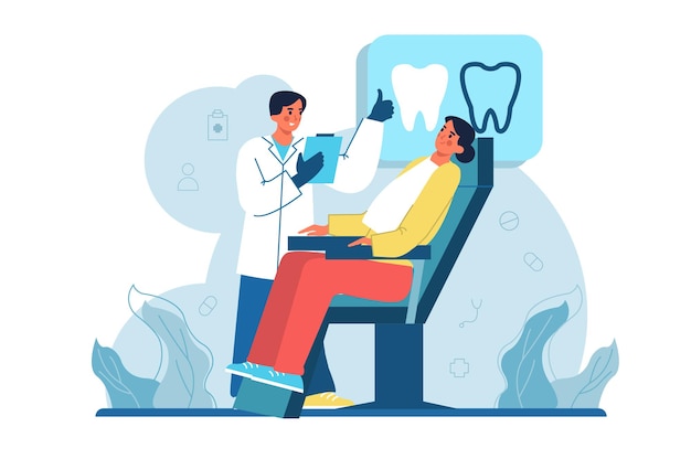 Conceito azul de medicina de estomatologia com cena de pessoas no design de desenho animado plano